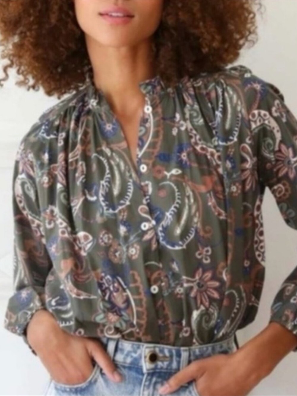 Millie Resort & Travel Olive Floral Button Up Blouse Top Size XXS  $168